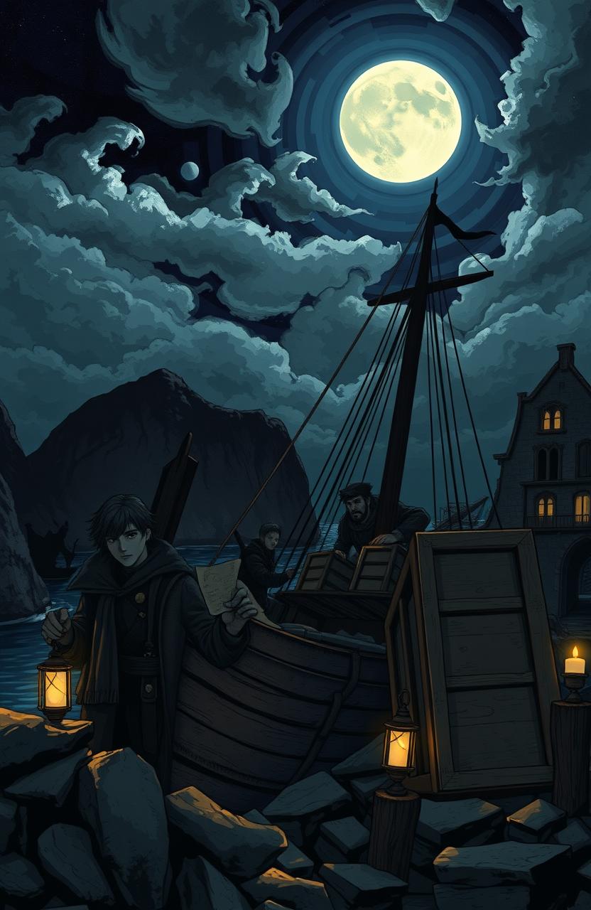 A captivating illustration depicting a mysterious scene in an ancient coastal town, home to smugglers