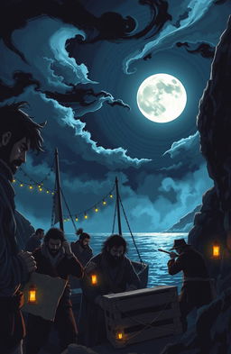 A captivating illustration depicting a mysterious scene in an ancient coastal town, home to smugglers