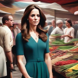 A high-resolution digital art piece, showing Kate Middleton in a bustling bazaar