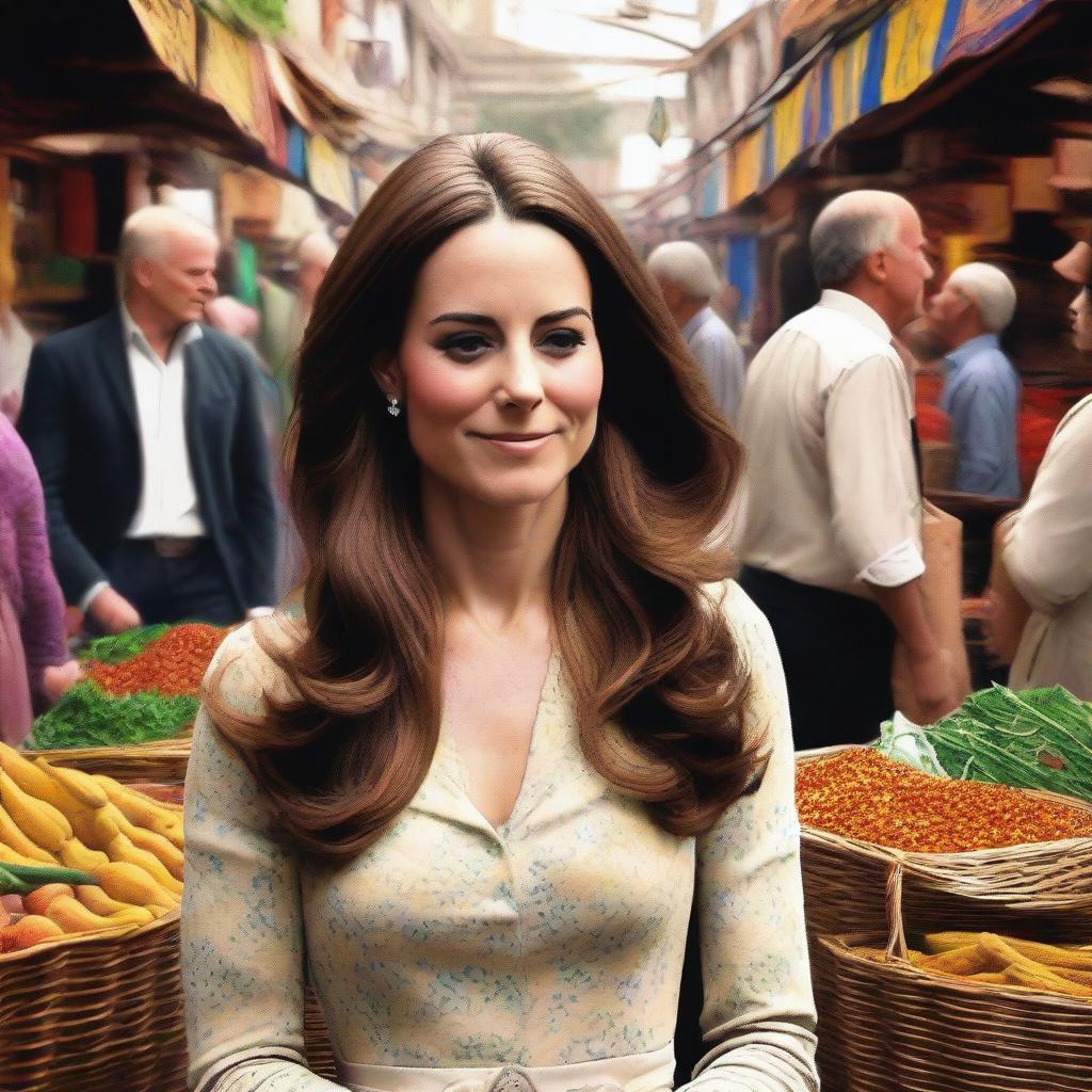 A high-resolution digital art piece, showing Kate Middleton in a bustling bazaar