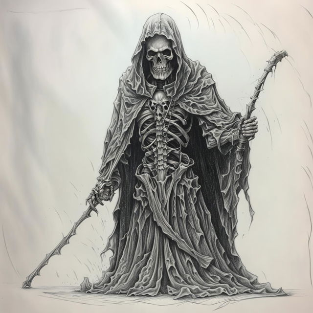 This image is a different, high-quality graphite pencil drawing of the classic Grim Reaper