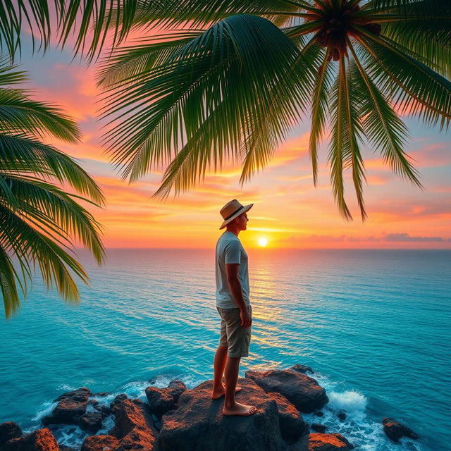 A serene Bali scene depicting a man standing on a cliff looking out over the tranquil ocean