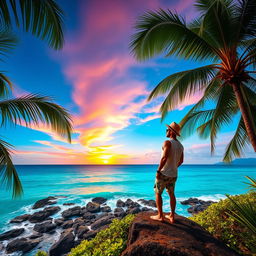 A serene Bali scene depicting a man standing on a cliff looking out over the tranquil ocean