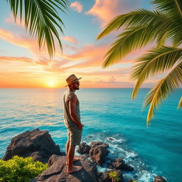 A serene Bali scene depicting a man standing on a cliff looking out over the tranquil ocean