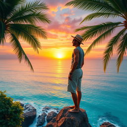 A serene Bali scene depicting a man standing on a cliff looking out over the tranquil ocean