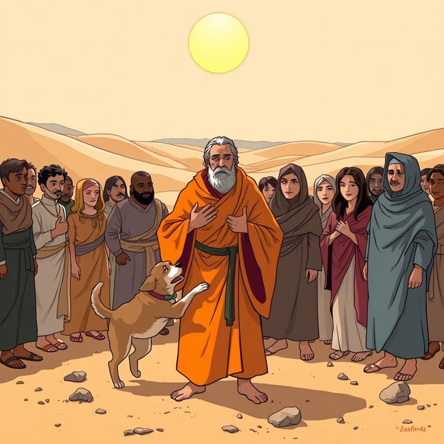 An illustration showing a group of diverse people gathered in a vast desert, with an oppressive sun overhead casting long shadows