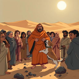 An illustration showing a group of diverse people gathered in a vast desert, with an oppressive sun overhead casting long shadows