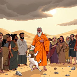 An illustration showing a group of diverse people gathered in a vast desert, with an oppressive sun overhead casting long shadows