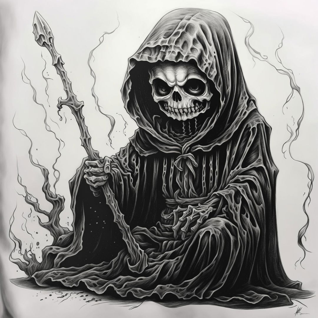 A black and white graphite pencil drawing of a cute grim reaper, featuring intense details