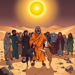 An illustration showing a group of diverse people gathered in a vast desert, with an oppressive sun overhead casting long shadows