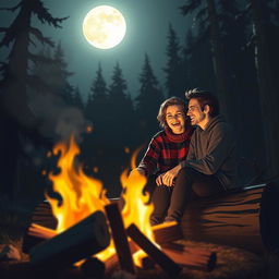 A serene scene depicting two friends sitting on a log, engaged in a lively conversation, illuminated by the soft glow of a shining full moon above