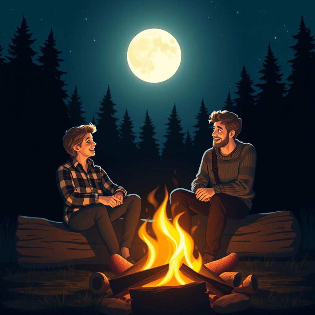 A serene scene depicting two friends sitting on a log, engaged in a lively conversation, illuminated by the soft glow of a shining full moon above