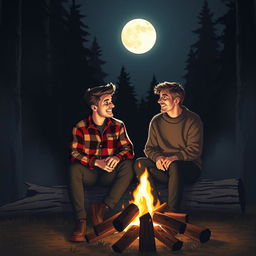 A serene scene depicting two friends sitting on a log, engaged in a lively conversation, illuminated by the soft glow of a shining full moon above