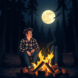 A serene scene depicting two friends sitting on a log, engaged in a lively conversation, illuminated by the soft glow of a shining full moon above