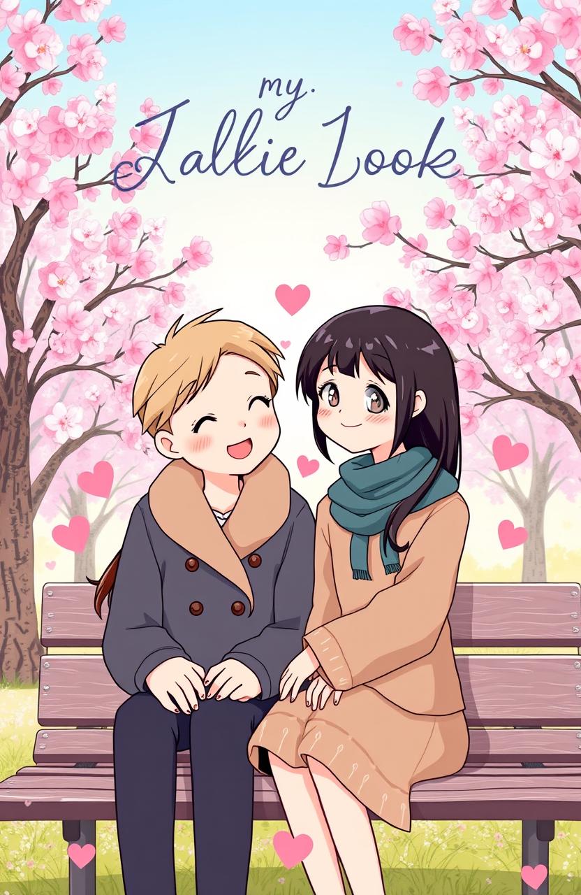 A whimsical and charming book cover design featuring two protagonists in a romantic setting