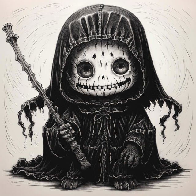 A black and white graphite pencil drawing of a different version of a cute grim reaper