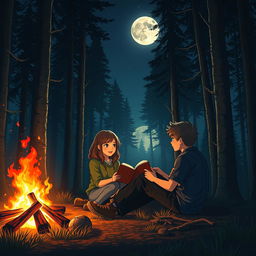 A realistic scene featuring a girl and a boy sitting together on the forest floor, engaged in a deep conversation while enjoying each other's company