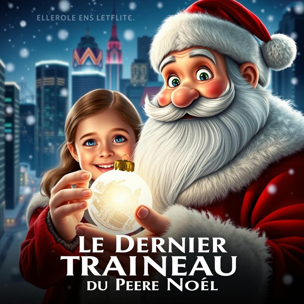 A movie poster titled "Le Dernier Traîneau du Père Noël" depicting the story of Santa Claus losing his magical sleigh in a winter storm and awakening in a modern city