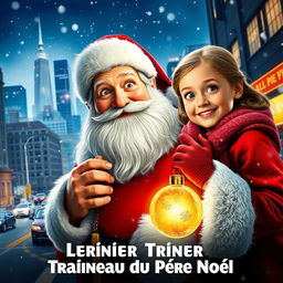 A movie poster titled "Le Dernier Traîneau du Père Noël" depicting the story of Santa Claus losing his magical sleigh in a winter storm and awakening in a modern city