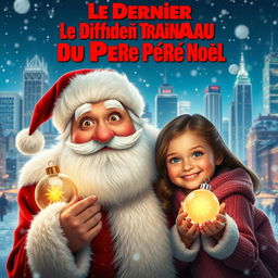 A movie poster titled "Le Dernier Traîneau du Père Noël" depicting the story of Santa Claus losing his magical sleigh in a winter storm and awakening in a modern city