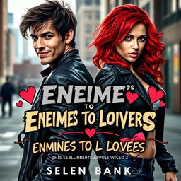 A captivating book cover for an enemies-to-lovers romance, featuring two main characters with contrasting styles and expressions