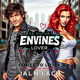 A captivating book cover for an enemies-to-lovers romance, featuring two main characters with contrasting styles and expressions