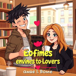 A charming animated-style book cover for an enemies-to-lovers romance, featuring two main characters in a playful standoff