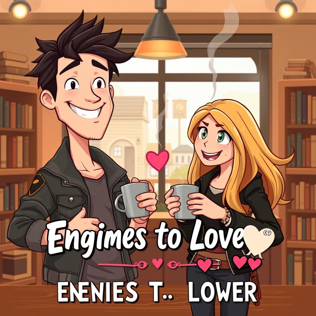 A charming animated-style book cover for an enemies-to-lovers romance, featuring two main characters in a playful standoff