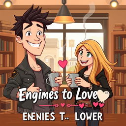 A charming animated-style book cover for an enemies-to-lovers romance, featuring two main characters in a playful standoff