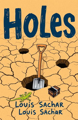 A dry, desolate desert landscape with holes dug deep into the cracked earth, featuring a lone shovel stuck upright in the dirt, symbolizing labor and punishment