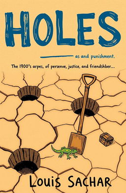 A dry, desolate desert landscape with holes dug deep into the cracked earth, featuring a lone shovel stuck upright in the dirt, symbolizing labor and punishment