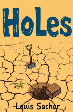 A dry, desolate desert landscape with holes dug deep into the cracked earth, featuring a lone shovel stuck upright in the dirt, symbolizing labor and punishment