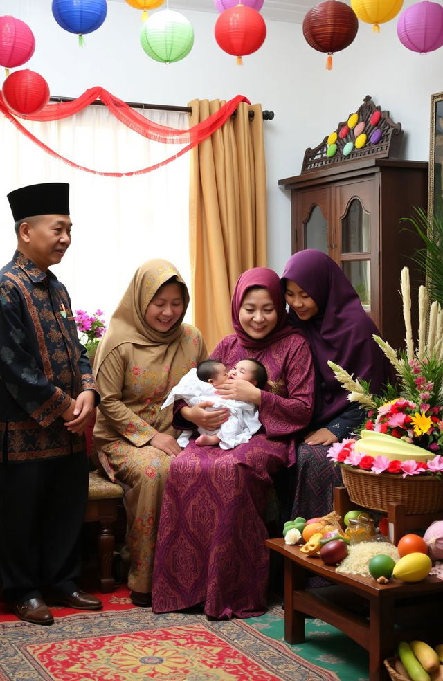 A serene and vibrant scene depicting the traditional celebration of a baby's birth in the Sundanese culture of Indonesia