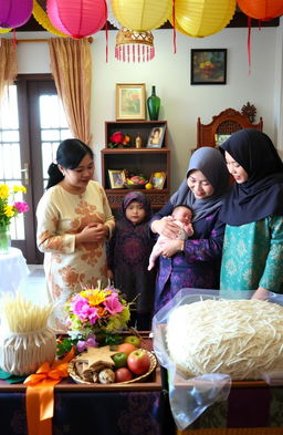 A serene and vibrant scene depicting the traditional celebration of a baby's birth in the Sundanese culture of Indonesia