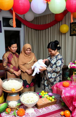 A serene and vibrant scene depicting the traditional celebration of a baby's birth in the Sundanese culture of Indonesia