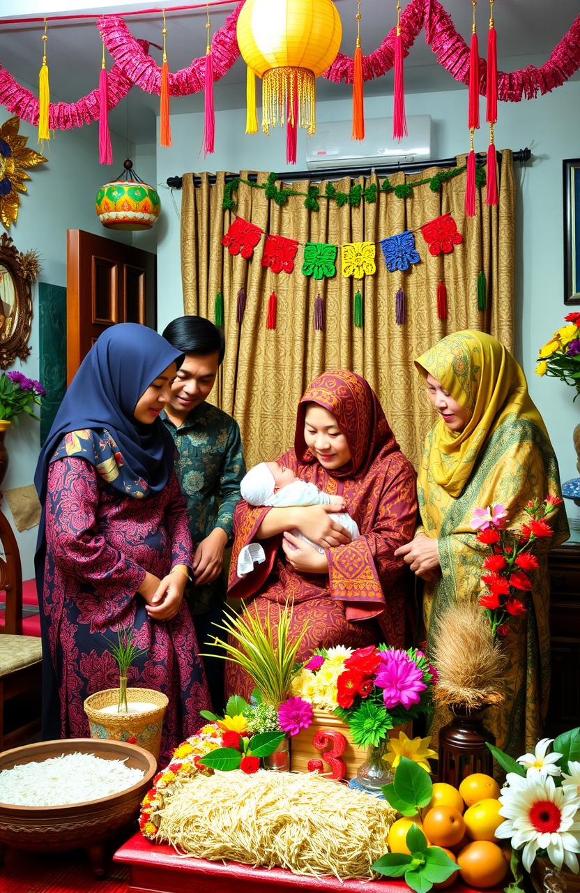 A serene and vibrant scene depicting the traditional celebration of a baby's birth in the Sundanese culture of Indonesia