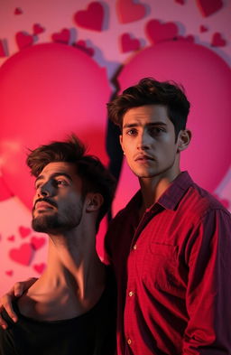 Two young men standing closely together, with a large broken heart in the background, symbolizing heartbreak