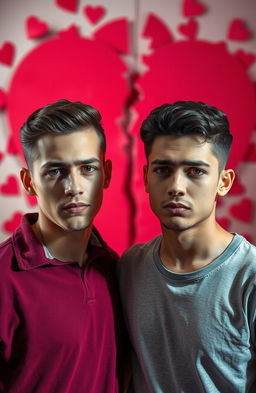 Two young men standing closely together, with a large broken heart in the background, symbolizing heartbreak