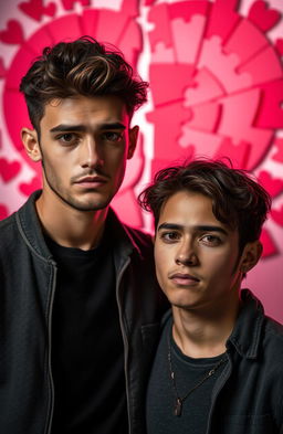 Two young men standing closely together, with a large broken heart in the background, symbolizing heartbreak