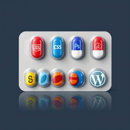 A realistic image of a blister pack of pills, each pill uniquely represented by an icon symbolizing various website development and design tools