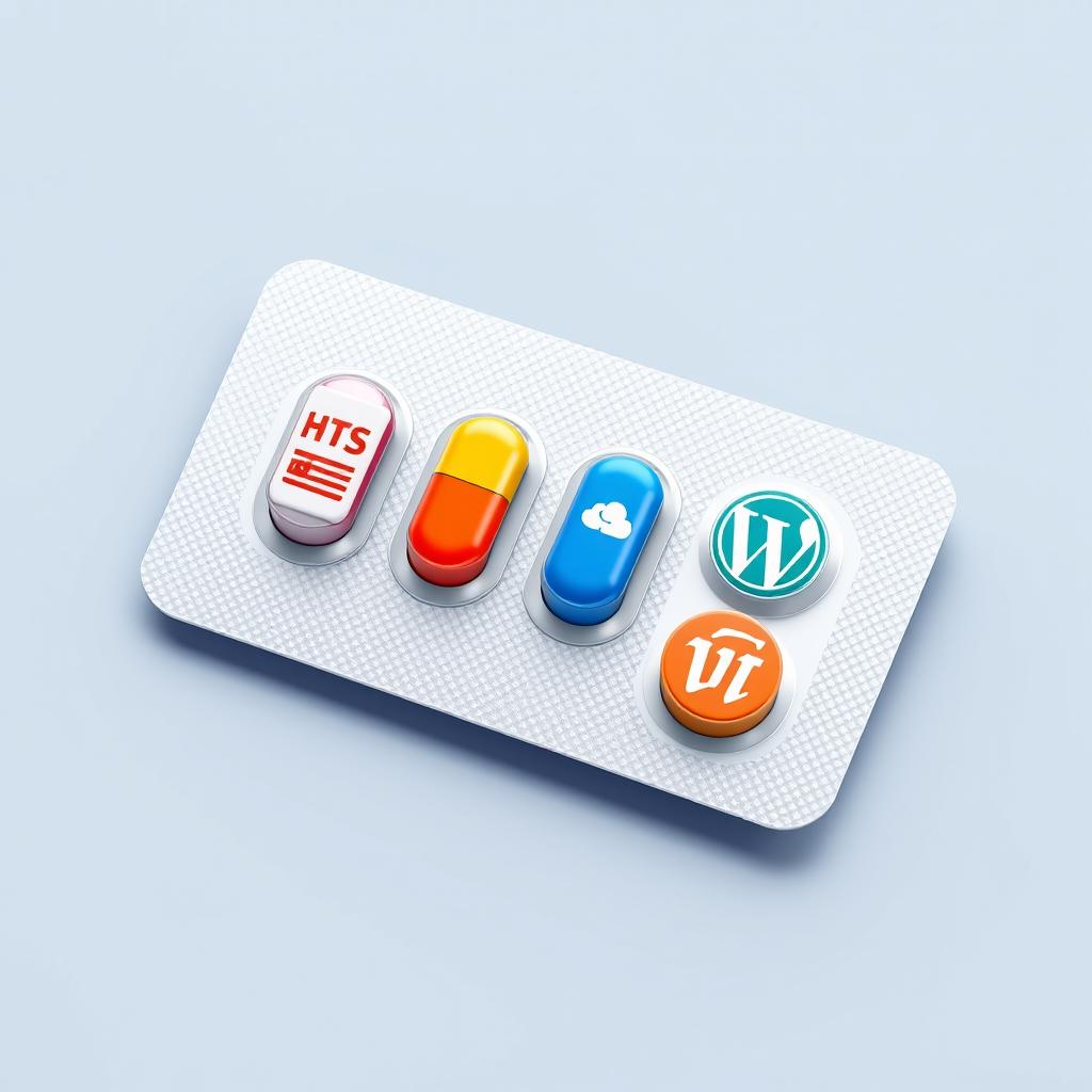 A realistic image of a blister pack of pills, each pill uniquely represented by an icon symbolizing various website development and design tools