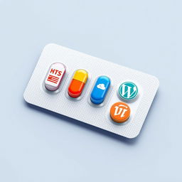 A realistic image of a blister pack of pills, each pill uniquely represented by an icon symbolizing various website development and design tools