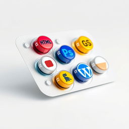 A realistic image of a blister pack of pills, each pill uniquely represented by an icon symbolizing various website development and design tools