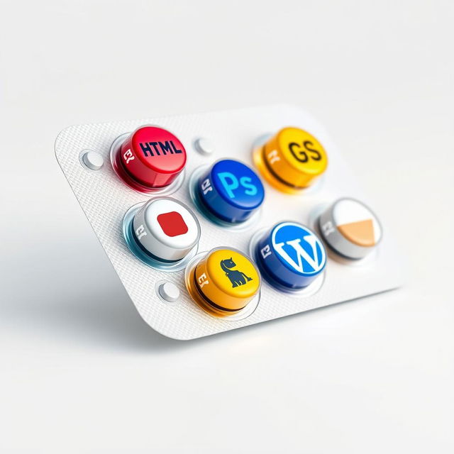 A realistic image of a blister pack of pills, each pill uniquely represented by an icon symbolizing various website development and design tools