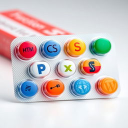 A realistic image of a blister pack of pills, each pill uniquely represented by an icon symbolizing various website development and design tools