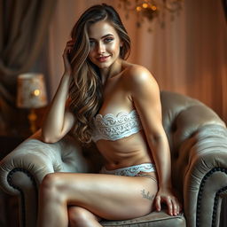 A seductive scene showcasing an attractive woman in elegant lingerie, sitting on a plush velvet chair with soft ambient lighting highlighting her curves