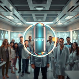A futuristic pill called "Zentrel" displayed prominently in the center of the image, surrounded by ethereal, glowing energy waves symbolizing its groundbreaking medical benefits