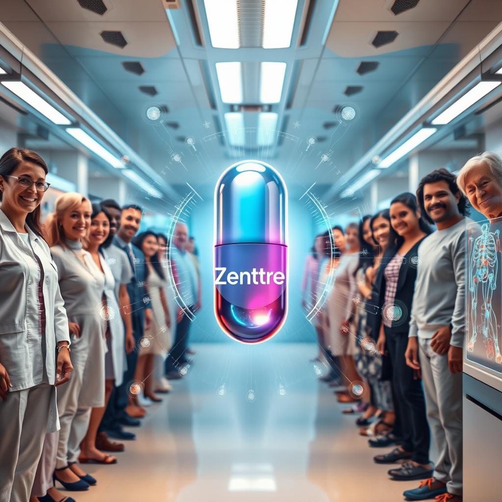 A futuristic pill called "Zentrel" displayed prominently in the center of the image, surrounded by ethereal, glowing energy waves symbolizing its groundbreaking medical benefits