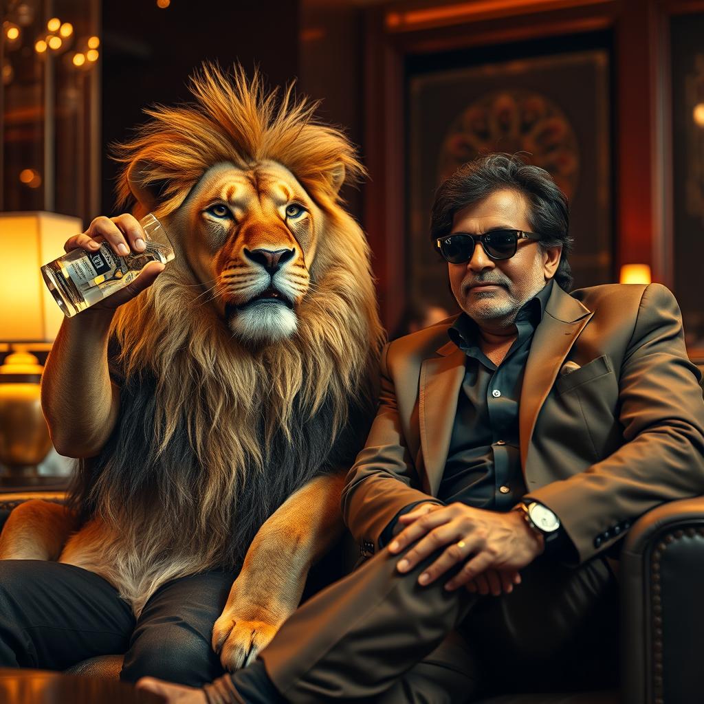 A captivating and surreal scene featuring Ram Gopal Varma, the renowned Indian filmmaker, casually drinking vodka alongside a majestic lion