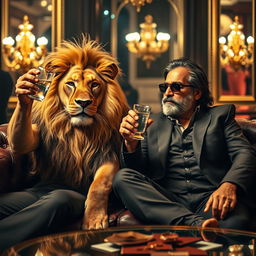 A captivating and surreal scene featuring Ram Gopal Varma, the renowned Indian filmmaker, casually drinking vodka alongside a majestic lion